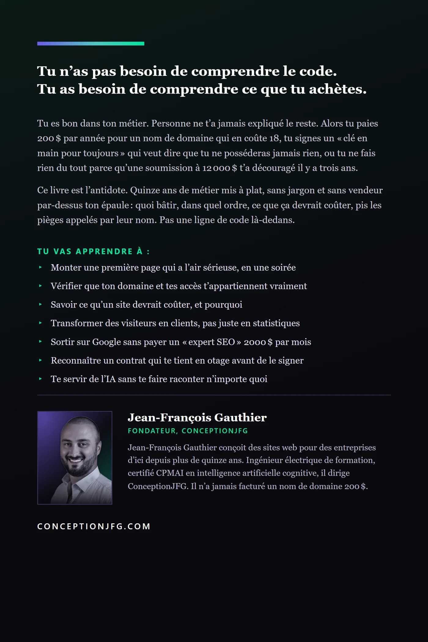 Quatrième de couverture du livre « Ton site web sans te faire avoir », avec la photo de Jean-François Gauthier